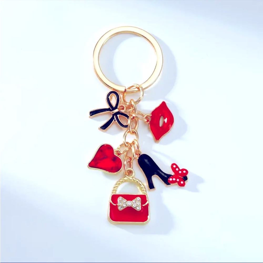 Glam Fashion Bag Charm Keychain High Heel Lips Purse Gold Tone